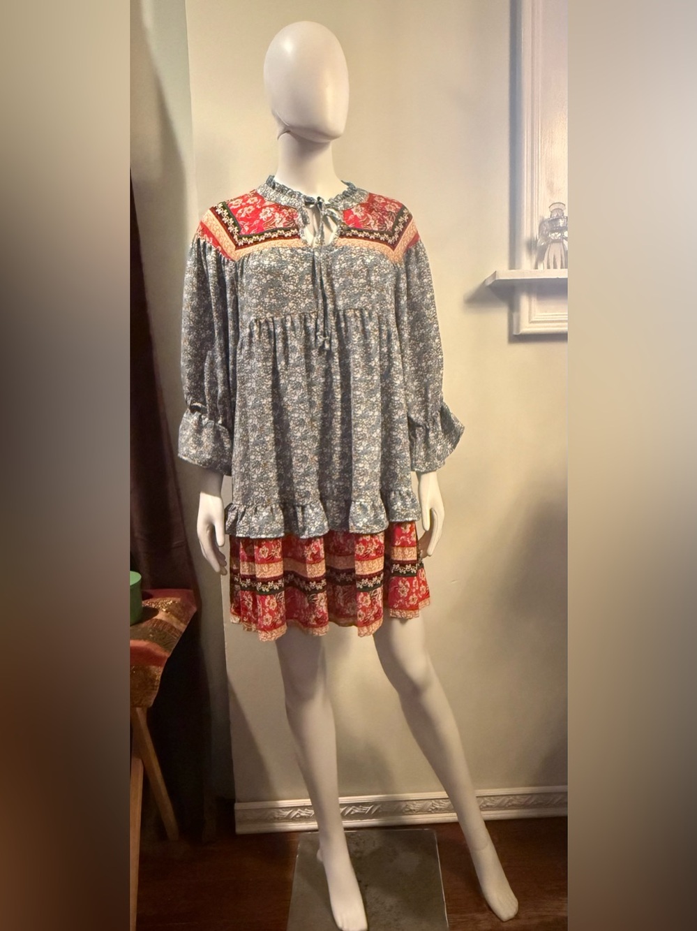 Umgee Blue Floral Tiered Dress with Red Patchwork Accents